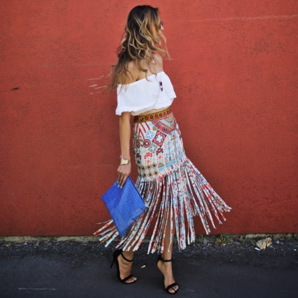 White Sand Boho Tribal Aztec Fringe Skirt RARE Rococo Sand